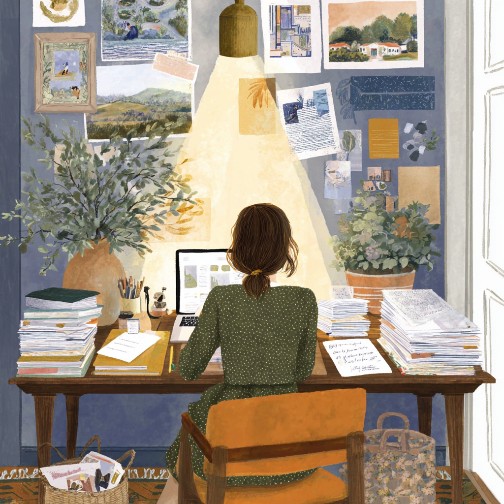 Woman working at a desk surrounded by papers and plants